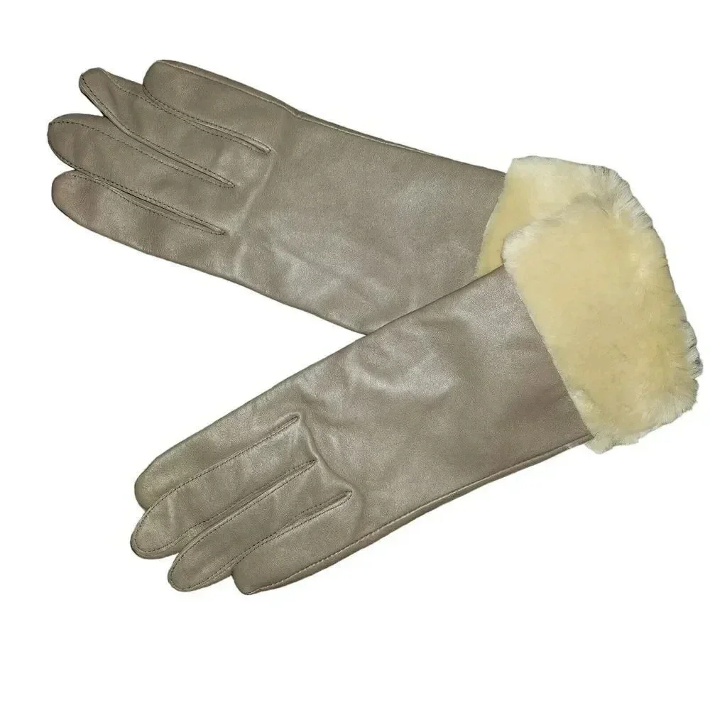 New Fownes Women Gray Genuine Leather  Fur Cuff Driving Winter Warm Glove Size 8